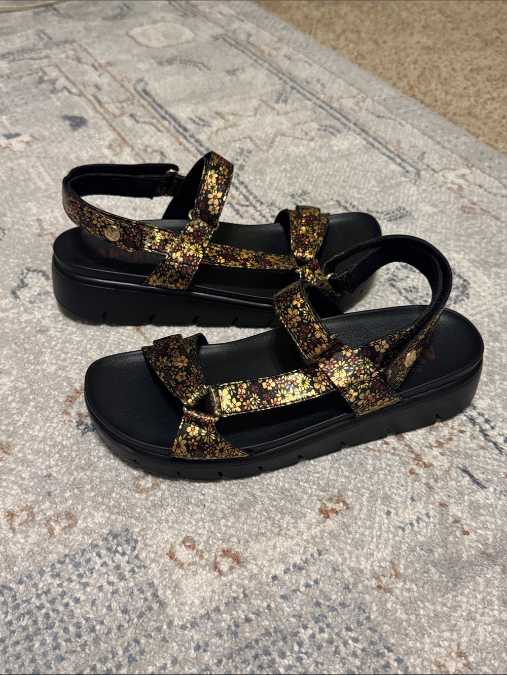 Alegria Black Sandals with Gold Floral Print